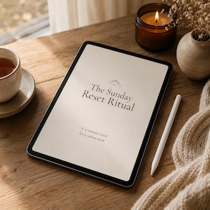May include: A digital tablet displaying the text The Sunday Reset Ritual and A 20 minute ritual for a calmer week with a mountain icon. A white stylus rests beside the tablet on a wooden surface near a ceramic cup, a candle, and a vase.