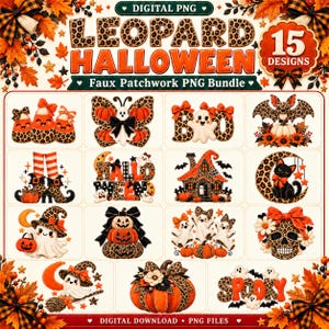 May include: A digital PNG bundle featuring 15 Halloween-themed designs with leopard print patterns. The collection includes illustrations of ghosts, pumpkins, bats, a black cat, a skull, and the text "LEOPARD HALLOWEEN" and "SPOOKY".