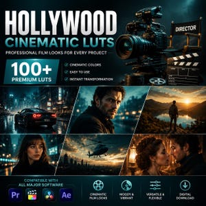 Peut inclure: Une publicité pour des LUTs cinématographiques Hollywood avec une caméra professionnelle et une chaise de réalisateur. L'image présente plus de 100 LUTs premium, six exemples de photos cinématographiques, des icônes de logiciels et du texte.