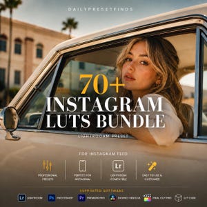 May include: A digital product bundle titled 70+ INSTAGRAM LUTS BUNDLE featuring a person in a car. Text includes DAILYPRESETFINDS, LIGHTROOAM PRESET, FOR INSTAGRAM FEED, and logos for Lightroom, Photoshop, Premiere Pro, Davinci Resolve, and Final Cut Pro.