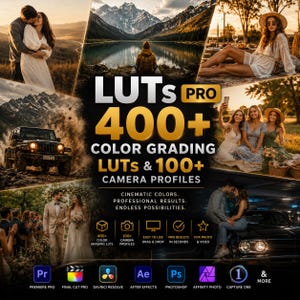Puede incluir: Un anuncio de producto digital para LUTs PRO que incluye más de 400 LUTs de gradación de color y 100 perfiles de cámara. El gráfico muestra varios ejemplos de fotografía cinematográfica y enumera la compatibilidad con software como Premiere Pro y Photoshop.