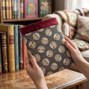 May include: A rectangular fabric sleeve featuring a repeating pattern of small green characters inside white circles on a dark gray background, topped with a solid dark red textured fabric border along the top edge of the pouch.