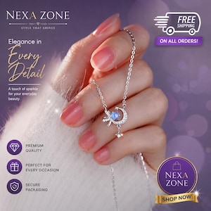 May include: A silver-toned necklace featuring a crescent moon pendant adorned with small clear stones and a central round blue gemstone. A small star-shaped charm hangs from the moon, and the piece is attached to a delicate silver-toned chain.