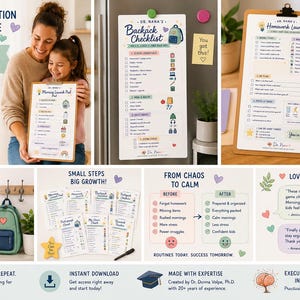 Peut inclure: Une collection de listes de contrôle de routine imprimables intitulées Dr. Nana's Morning Launch Pad, Backpack Checklist et Homework Launch. Les documents présentent des icônes colorées, des cases à cocher et du texte pour organiser les tâches.