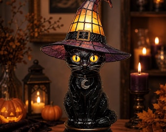 Lampada da tavolo a forma di gatto nero strega in resina, statuetta di gatto mago, luce notturna, ornamento gotico da scrivania, decorazione per la casa a tema strega, regalo di Halloween per gli amanti dei gatti