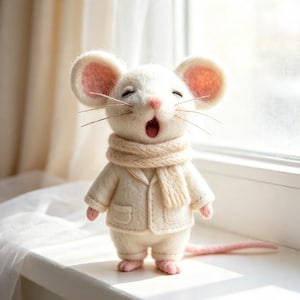 May include: A needle-felted white mouse figurine with pink inner ears, a small pink nose, and long whiskers. The mouse is wearing a cream-colored knitted scarf and a matching jacket with two front pockets, with its mouth open in a yawn.