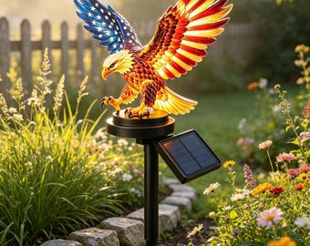 Lampada solare da giardino a forma di aquila e bandiera americana, scultura patriottica da giardino, decorazione per il 4 luglio e il Memorial Day, regalo per patrioti e veterani.