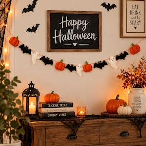 Op de afbeelding: Een Halloween-slinger met vilten pompoenen, spookjes en vleermuizen aan een oranje koord. De slinger hangt onder een ingelijst krijtbord met de tekst Happy Halloween en een ingelijst bord met de tekst EAT DRINK and be SCARY.