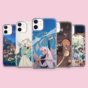 May include: Five clear smartphone cases arranged in a row, each featuring a unique anime-style illustration. The designs depict various characters in fantasy settings, including magical circles, starry night skies, and interior library scenes.
