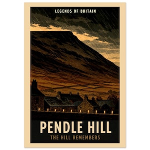 以下が含まれることがあります： Legends of Britainと題されたポスターで、雨に煙る暗いペンドルヒルの風景が描かれています。丘の下には石造りの家々が並び、その前には光る明かりが灯る壁があります。太字でPendle Hill、The Hill Remembersと記されています。