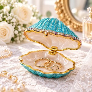 May include: A turquoise seashell-shaped trinket box with a gold-tone rim and a row of clear crystals along the edge. The interior is cream-colored and holds two gold-tone rings, one with a simple band and one with a four-leaf clover design.