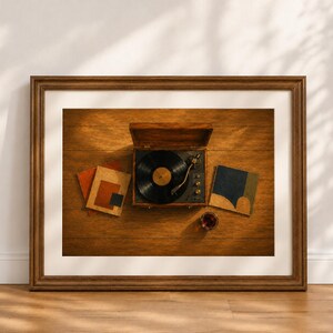 Könnte beinhalten: Ein gerahmter Wandkunstdruck mit einer Draufsicht auf einen hölzernen Plattenspieler mit schwarzer Vinylplatte, zwei quadratischen abstrakten Kunstwerken in Orange- und Blautönen sowie einem kleinen Glas mit bernsteinfarbener Flüssigkeit.