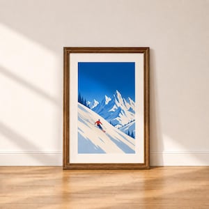 Skier Alpine Mountain Print, Retro Ski Poster Wall Art, Winter Sports Illustration, Snowy Peaks Vintage Style, Digital Download