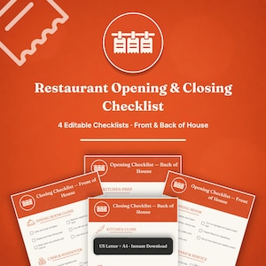 May include: A digital document set titled Restaurant Opening & Closing Checklist featuring four editable templates for front and back of house operations. The orange and white design includes icons and text for daily tasks in US Letter and A4 sizes.
