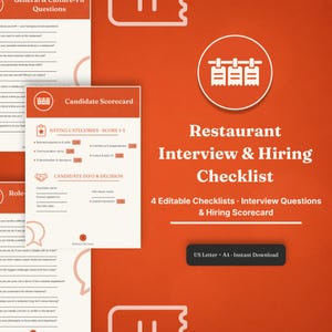 Könnte beinhalten: Ein digitales Dokumentenset mit dem Titel Restaurant Interview & Hiring Checklist, das einen Kandidaten-Scorecard, Interviewfragen und Bewertungskategorien enthält. Das Design zeigt weißen Text auf orangefarbenem Grund mit Ticket-Symbolen.