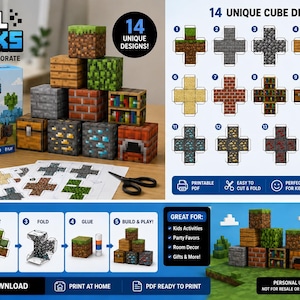 Peut inclure: Un kit de téléchargement numérique pour Pixel Blocks comprenant 14 designs de cubes uniques. L'ensemble inclut des modèles PDF imprimables pour des blocs en papier avec des textures comme l'herbe, la pierre, le bois et le minerai.