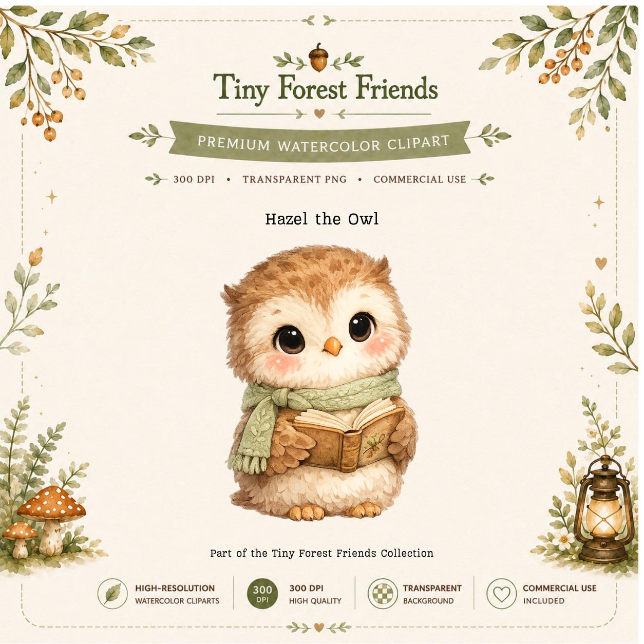 Woodland Owl Watercolor Clipart, Hazel the Owl, Nursery Animal Illustration (Digital Download)