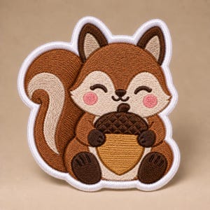 May include: An embroidered patch featuring a brown squirrel with a cream-colored face and belly, pink cheeks, and a large bushy tail. The squirrel is holding a brown acorn with a textured cap, outlined in white thread against a neutral background.