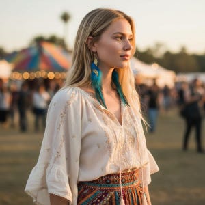 May include: A cream-colored blouse with long, flared sleeves and delicate gold embroidery, paired with a vibrant, multi-colored patterned skirt. The outfit is accessorized with long, bright blue feather earrings featuring gold-toned accents.