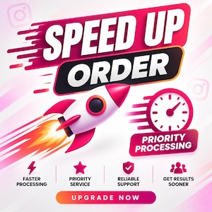 Könnte beinhalten: Ein Grafikdesign mit dem Text SPEED UP ORDER in fetten weißen Buchstaben auf rosa und schwarzem Hintergrund. Eine weiß-rosa Rakete mit gelber Flamme, ein Uhrensymbol und vier kleine Symbole mit dem Text FASTER PROCESSING, PRIORITY SERVICE, RELIABLE SUPPORT, GET RESULTS SOONER und UPGRADE NOW.