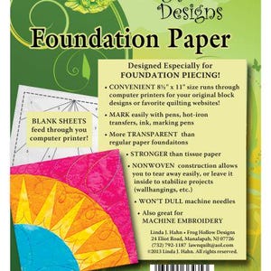 May include: Frog Hollow Designs Foundation Paper packaging in green with a frog illustration. The text reads Foundation Paper, Designed Especially for FOUNDATION PIECING, and lists features for 8.5 inch by 11 inch sheets for quilting and embroidery.