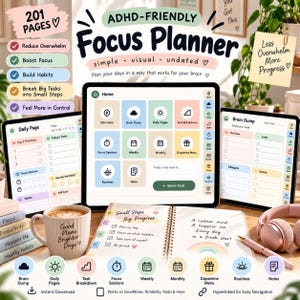 Puede incluir: Un planificador digital de enfoque para TDAH con 201 páginas, que muestra una pantalla de inicio con iconos coloridos para páginas diarias, lluvia de ideas y desglose de tareas. Incluye un cuaderno de espiral, una taza y auriculares.