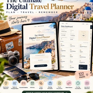 May include: A digital travel planner displayed on two tablets, featuring a 2027-2028 edition cover with a Greek coastal landscape and a main dashboard interface. The planner includes 122 pages, clickable index tabs, and sections for trip planning, budgets, and memories.