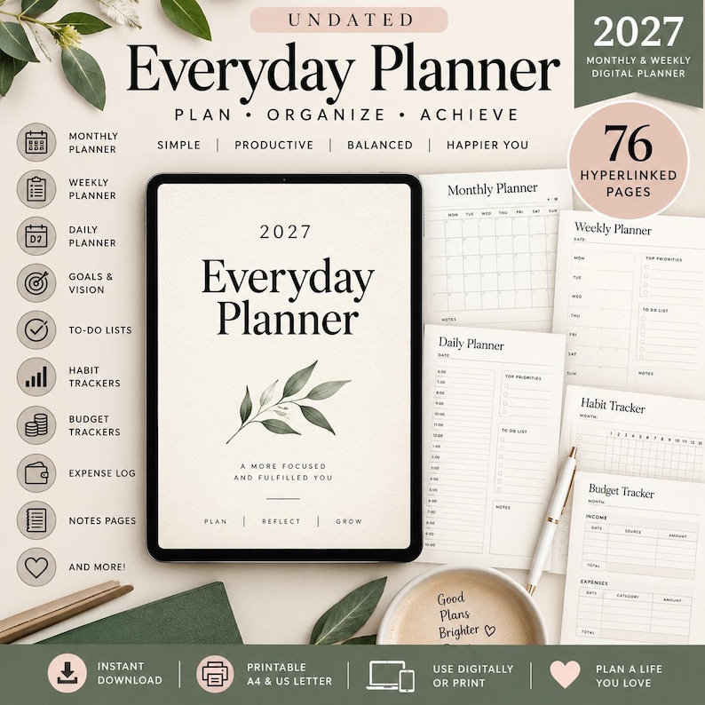 Undated Digital Planner | A4 & US Letter Printable (PDF) - Etsy UK