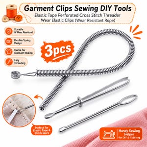 May include: A set of three silver-toned metal sewing tools including a flexible spring-style elastic threader, a sliding clamp tool, and a needle-style threader. The text reads Garment Clips Sewing DIY Tools, Elastic Tape Perforated Cross Stitch Threader, Wear Elastic Clips, 3pcs, and Handy Sewing Helper for DIY & Tailoring.