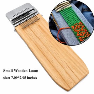 May include: A small wooden loom with a metal head featuring multiple hooks, measuring 7.09 by 2.95 inches. An inset circular image shows the loom in use, creating a green and orange woven pattern on a piece of blue denim fabric.