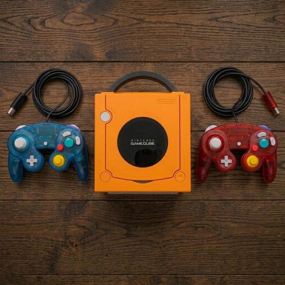 Refurbished GameCube Console Orange Bundle, Tested Retro Gaming System with 2 Clear Controllers