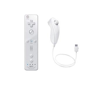 May include: A white Wii remote controller featuring a power button, directional pad, A button, home button, plus and minus buttons, speaker, and numbered buttons, alongside a white nunchuk controller connected by a white cord with a plug.