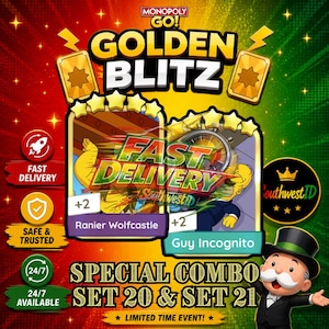 COMBO ESPECIAL - Pegatinas Golden Blitz Monopoly Go! de 5 estrellas - Set 20 y Set 21