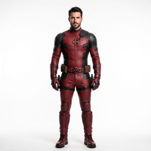 Pode incluir: Um traje de corpo inteiro composto por um fato tático vermelho escuro e preto com gola alta, ombreiras e placas de armadura integradas nos braços e pernas. É usado um cinto utilitário com uma fivela central de formato circular.