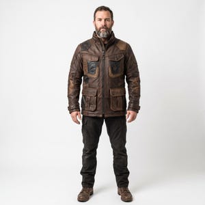 Men's Distressed Brown Leather Patchwork Combat Jacket, Custom Explorer Outerwear