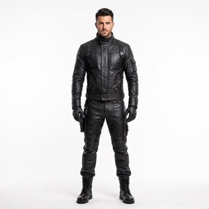 Op de afbeelding: Een set van een zwart leren jas en bijpassende broek met tactische designelementen, waaronder meerdere utility-zakken, verstelbare gespriemen op de borst en dijen, een hoge kraag, een ritssluiting en zwarte leren handschoenen.