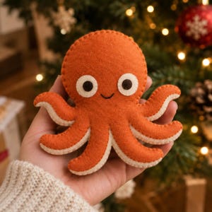 May include: A small, orange felt octopus ornament with a rounded head and eight curved tentacles. The octopus features two large white circular eyes with black pupils and a simple stitched black mouth. The edges are finished with white stitching.