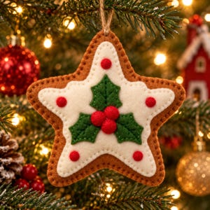 May include: A star-shaped felt ornament with a brown outer edge and a white center. The ornament features a central green holly leaf applique with three red berries and small red felt dots accenting the white points of the star.