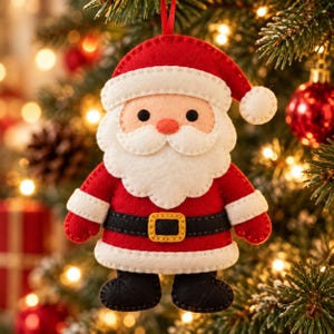 May include: A felt Santa Claus Christmas ornament featuring a red suit with white trim, a black belt with a yellow buckle, and black boots. The figure has a peach-coloured face, black eyes, a small red nose, and a white beard, hanging by a red ribbon.