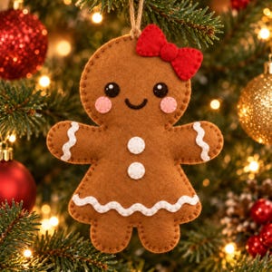 May include: A brown felt gingerbread person ornament featuring a bright red bow on its head, pink cheeks, a smiling face, and white wavy icing details on its arms and skirt. Two white circular buttons are stitched onto the center of the body.