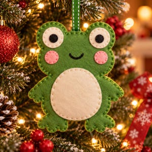 May include: A green felt frog ornament with a cream-colored belly, pink cheeks, and black eyes. The frog has a stitched outline and is suspended by a green ribbon loop, designed for hanging on a tree branch during the holiday season.