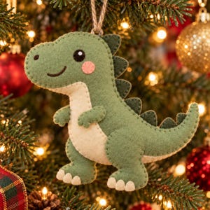 May include: A felt dinosaur ornament in shades of sage green and cream. The creature features a dark green spine, a light cream belly, small arms, and pink circular cheeks. It is suspended by a thin twine loop for hanging on a tree.