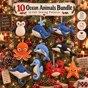 May include: A digital bundle of 10 felt sewing patterns featuring ocean animals including a penguin, whale, shark, octopus, dolphin, orca, stingray, seahorse, crab, and starfish. The set includes instructions for creating these felt ornaments.