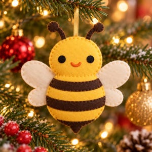 May include: A felt bee ornament featuring a yellow body with dark brown horizontal stripes, two white wings, and two antennae. The bee has a small orange stitched smile and two black circular eyes. A thin gold ribbon is attached to the top.