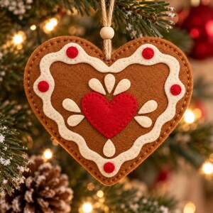 May include: A heart-shaped felt ornament in brown, featuring a central red heart applique, white scalloped trim, and small red circular accents. The ornament is suspended by a jute string with a single wooden bead at the top.