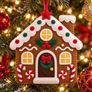 May include: A brown felt gingerbread house ornament featuring a white roof with red and green circular accents, a yellow window, a dark brown door with a green wreath and red bow, and two candy canes on the sides, topped with a red star.
