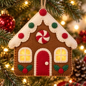 May include: A felt gingerbread house ornament featuring a brown facade, a red door, and a white roof with red and green circular accents. The house includes two illuminated yellow windows and a central red and white peppermint candy detail.