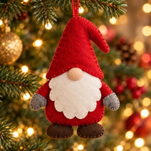 Peut inclure: Une décoration de gnome en feutrine avec un grand chapeau pointu rouge, une large barbe blanche, un petit nez beige, des moufles grises et des chaussures marron foncé. La figurine présente des coutures visibles et une fine boucle de suspension.