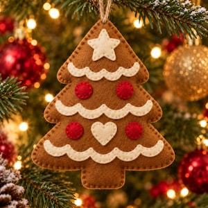 May include: A brown felt Christmas tree ornament featuring white scalloped trim, a white star at the top, a white heart in the center, and four circular red felt accents. The ornament hangs from a thin twine loop against a blurred tree.