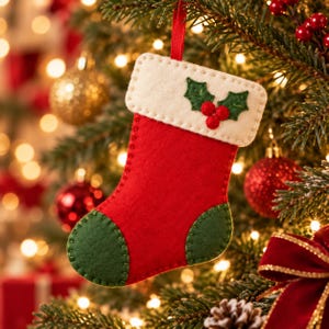 Könnte beinhalten: Ein roter Weihnachtsstrumpf aus Filz als Anhänger mit weißem Umschlag, grüner Ferse und Spitze sowie einer Stechpalmen-Applikation. Der Strumpf hat sichtbare Nähte an den Rändern und hängt an einem roten Band an einem Tannenbaumzweig.